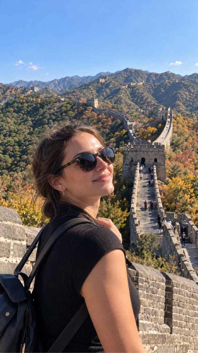 Traveler on the Great Wall in autumn