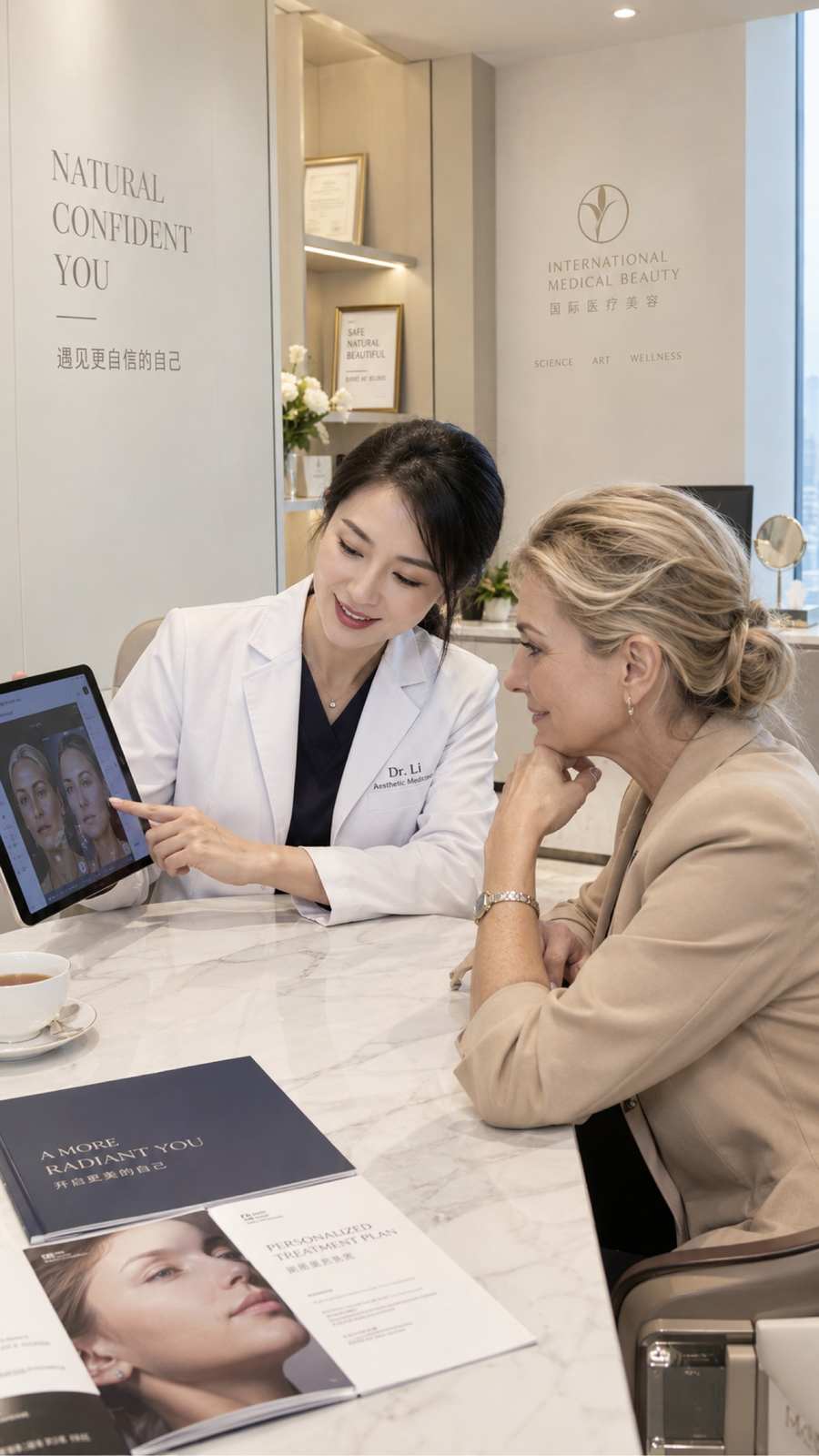 A physician consulting with a patient at an accredited international aesthetic clinic